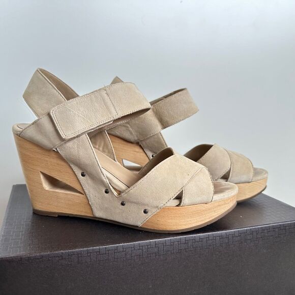 Eileen Fisher Beige Suede Wood Platform Cutout Wedge Stud Peeptoe Sandals US 6 - Picture 2 of 6